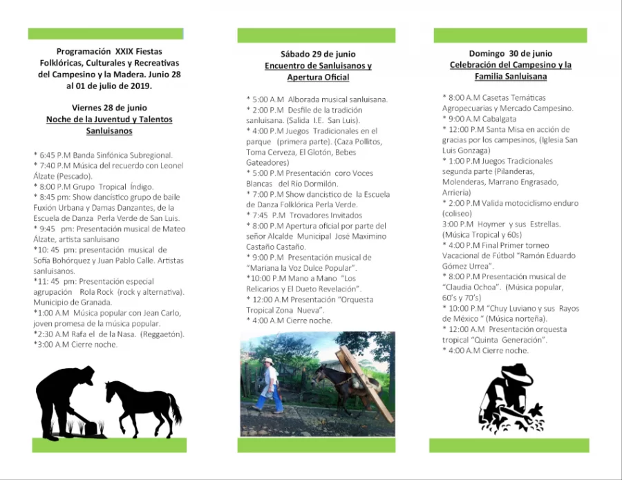 Plegable con la programación de las Fiestas del campesino y la Madera San Luis 2019, Pag1